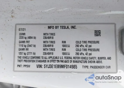 2021 Tesla Model 3 Long Range Dual Motor All-Wheel Drive from USA, damaged, VIN 5YJ3E1EB9MF014985